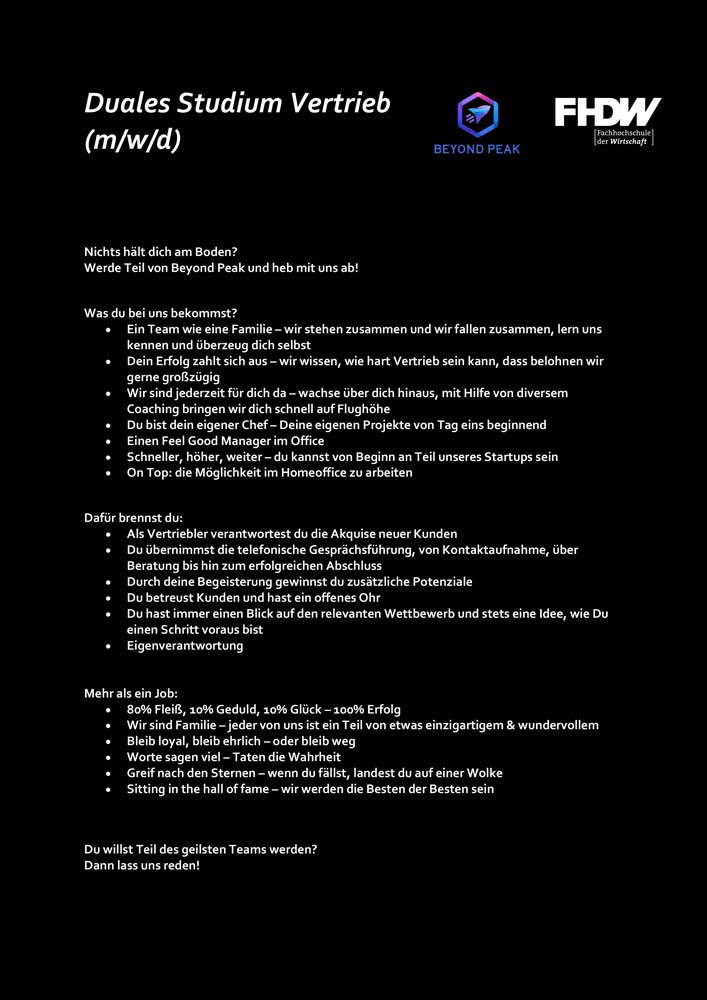 Beyond Peak: Duales Bachelor-Studium Betriebswirtschaft – Vertriebsmanagement (B.A.)
