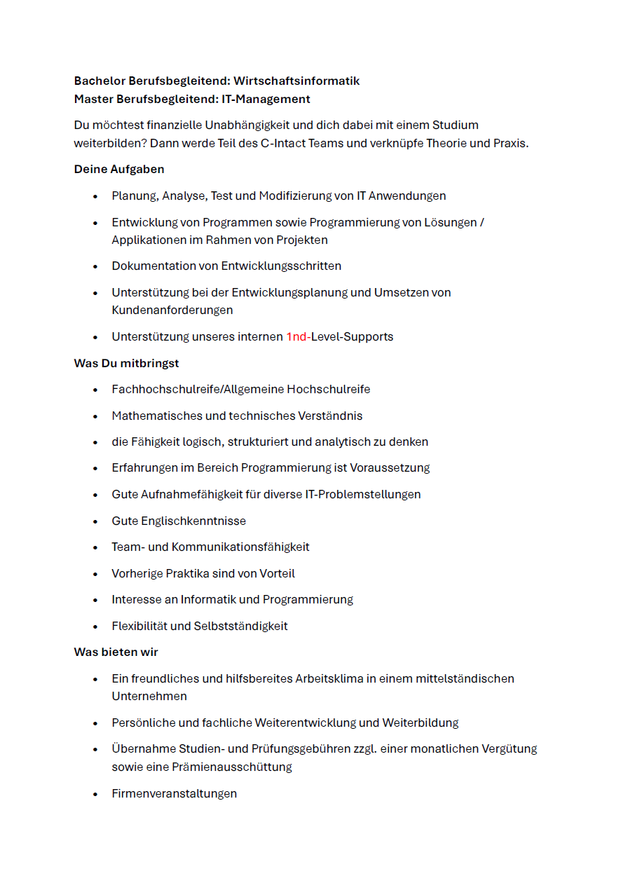 C-Intact GmbH: Berufsbegleitendes Master-Studium Wirtschaftsinformatik – IT-Management (M.Sc.)