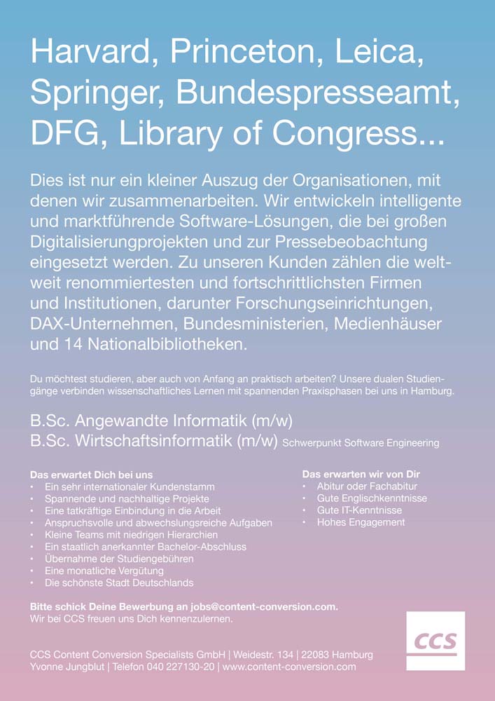 CCS Content Conversion Specialists GmbH: Duales Bachelor-Studium Angewandte Informatik (B.Sc.) oder Wirtschaftsinformatik (B.Sc.)