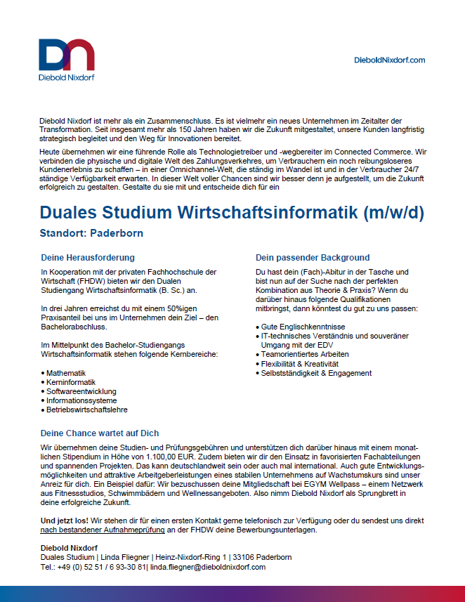 DIEBOLD NIXDORF: Duales Bachelor-Studium Wirtschaftsinformatik (B.Sc.)