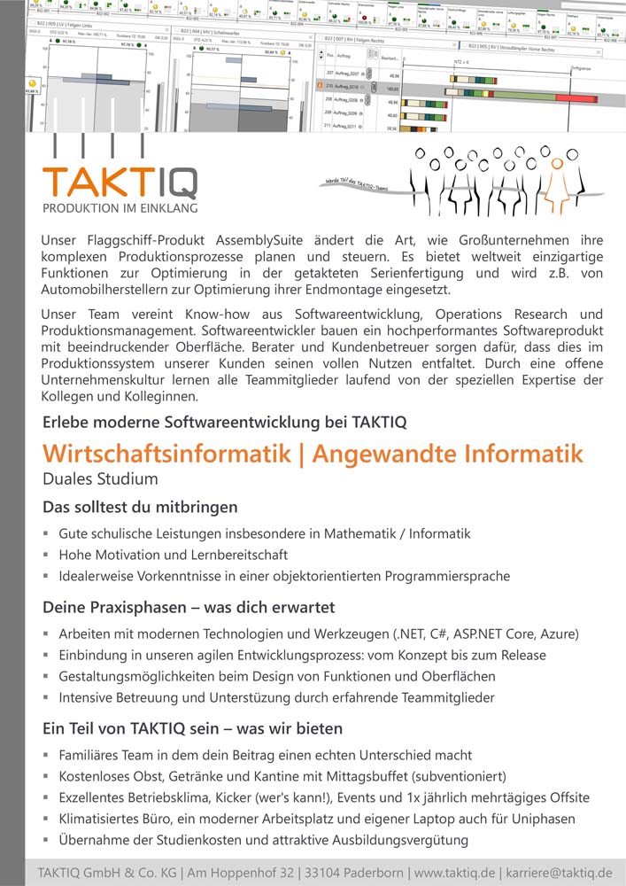 TAKTIQ GmbH & Co. KG: Duales Studium Angewandte Informatik (B.Sc.) oder Wirtschaftsinformatik (B.Sc.)