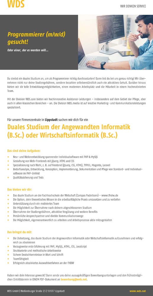WDS GmbH: Duales Studium Angewandte Informatik (B.Sc.) oder Wirtschaftsinformatik (B.Sc.)