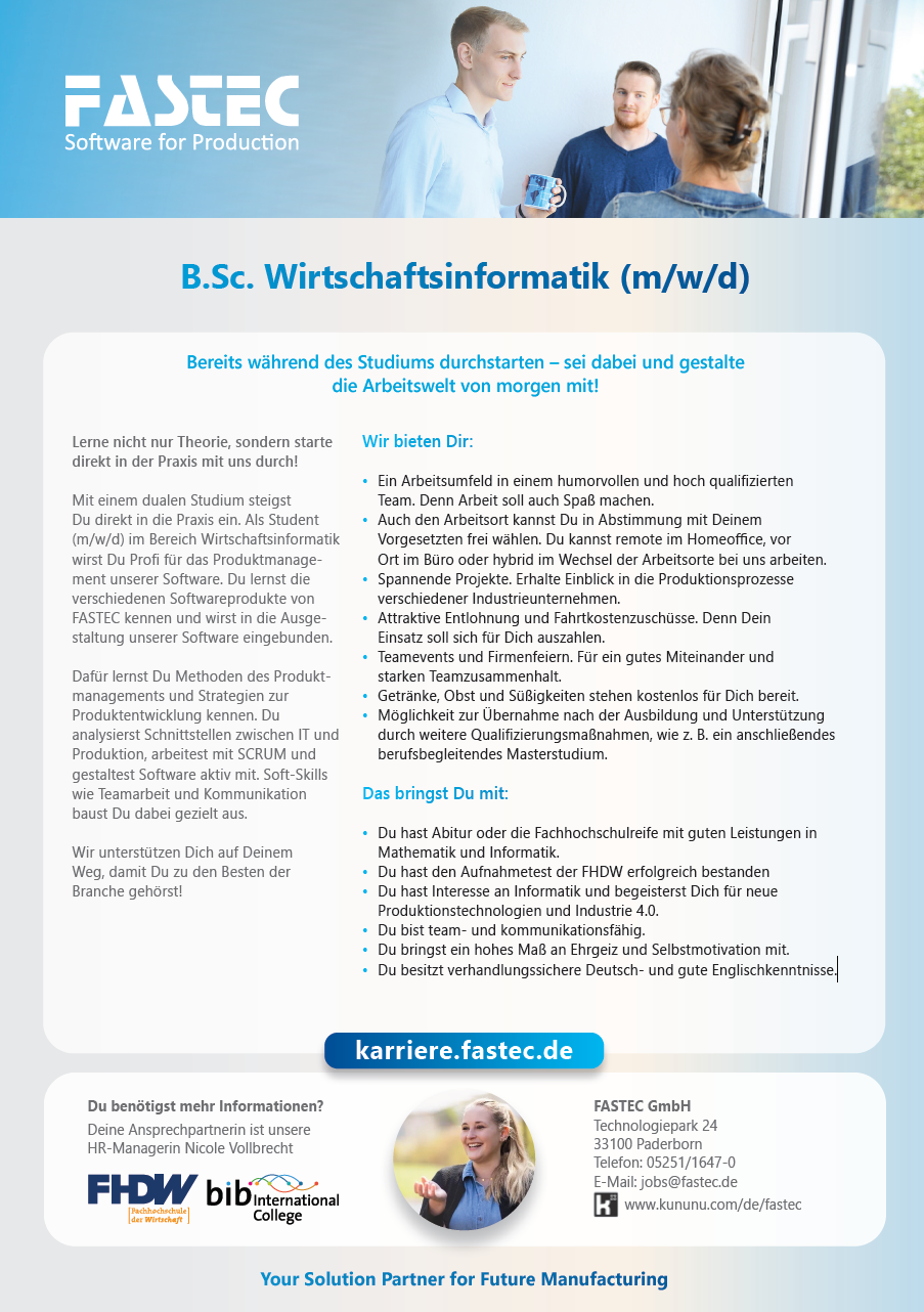 FASTEC GmbH: Duales Bachelor-Studium Wirtschaftsinformatik (B.Sc.)