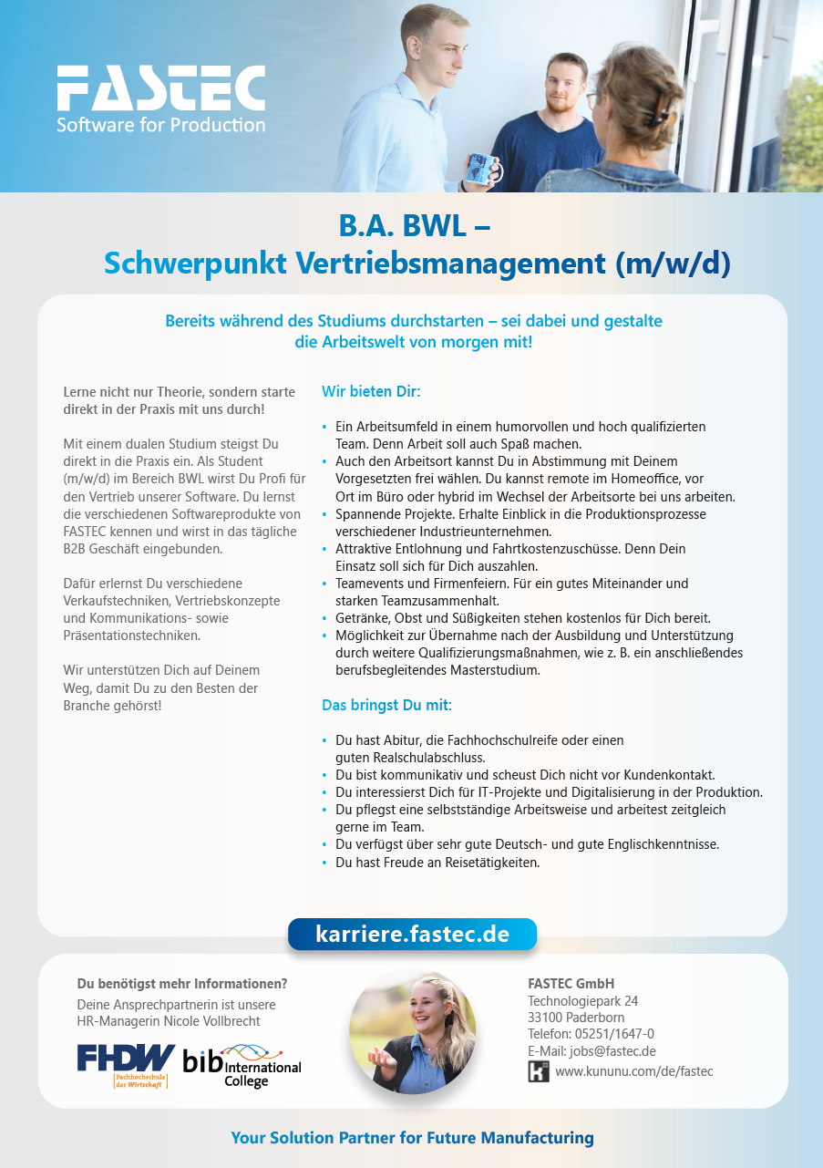 FASTEC GmbH: Duales Bachelor-Studium Betriebswirtschaft – Vertriebsmanagement (B.A.)