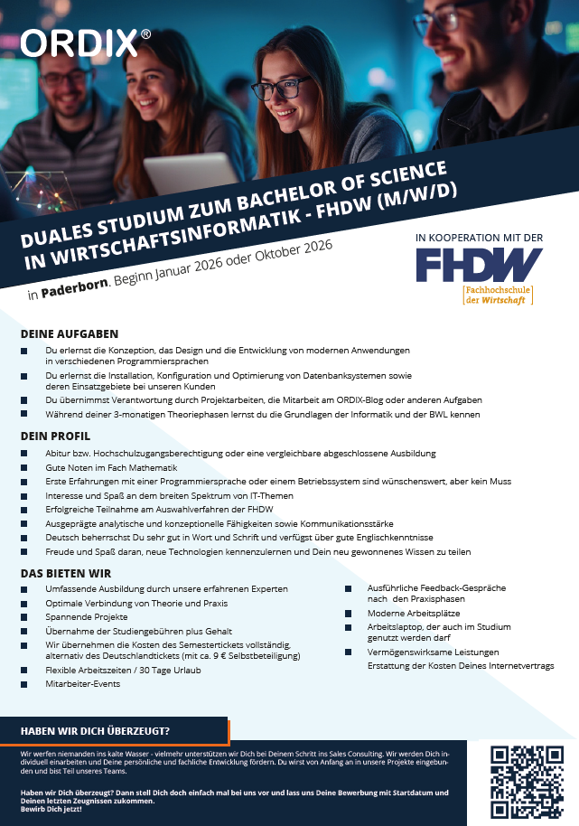 ORDIX AG: Duales Bachelor-Studium Wirtschaftsinformatik (m/w/d) – Software Engineering (B.Sc.)