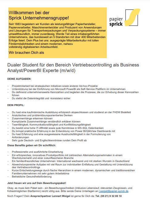 Sprick GmbH Bielefelder Papier- und Wellenpappenwerke & Co.: Duales Studium Betriebswirtschaft (B.A.)