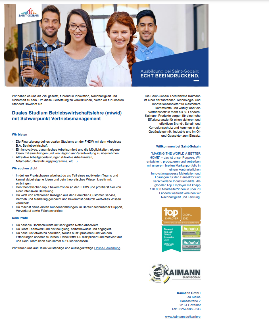 Kaimann GmbH: Duales Bachelor-Studium Betriebswirtschaft – Vertriebsmanagement (B.A.)