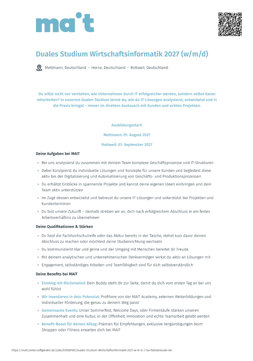 MAIT GmbH: Duales Bachelor-Studium Wirtschaftsinformatik (B.Sc.)