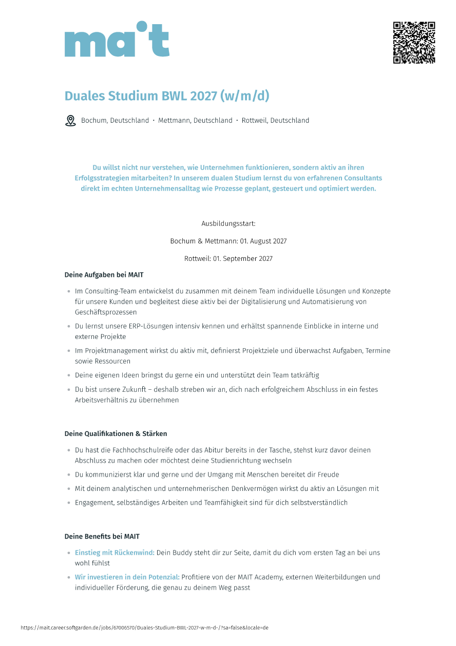 MAIT GmbH: Duales Bachelor-Studium Betriebswirtschaft (B.A.)