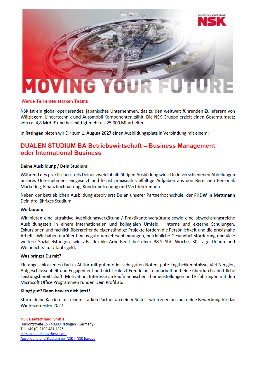 NSK Deutschland GmbH: Duales Bachelor-Studium Betriebswirtschaft – Business Management oder International Business (B.A.)