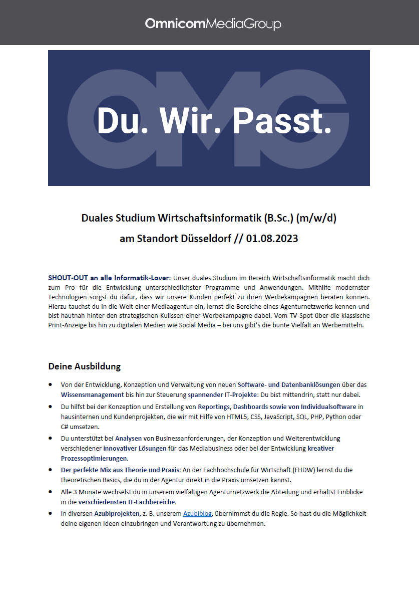 Omnicom Media Group Germany GmbH: Duales Bachelor-Studium Wirtschaftsinformatik (B.Sc.)