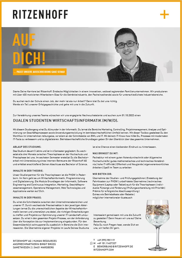 Ritzenhoff AG: Duales Bachelor-Studium Wirtschaftsinformatik (B.Sc.)