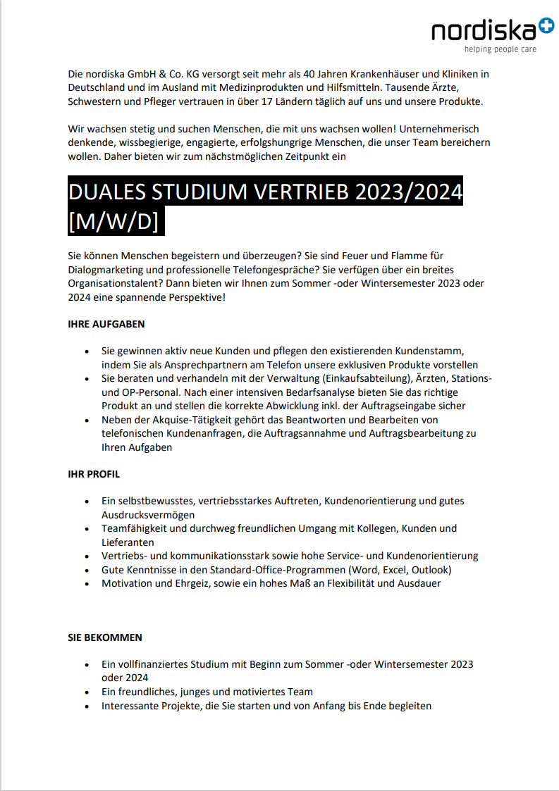 nordiska GmbH & Co. KG: Duales Bachelor-Studium Betriebswirtschaft – Vertriebsmanagement (B.A.)