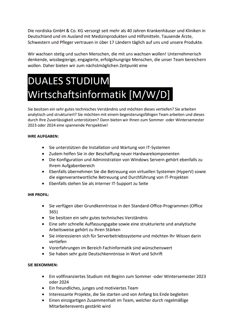 nordiska GmbH & Co. KG: Duales Bachelor-Studium Wirtschaftsinformatik (B.Sc.)