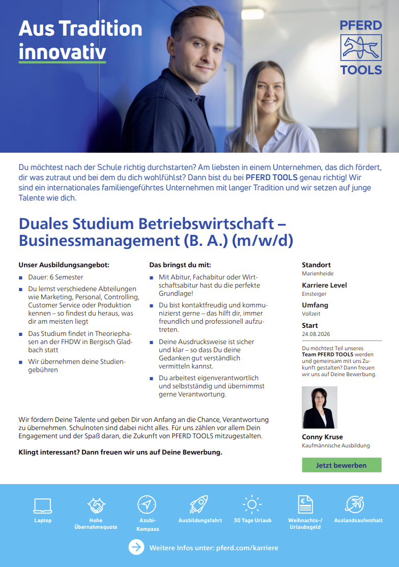 August Rüggeberg GmbH & Co. KG: Duales Bachelor-Studium Betriebswirtschaft – Business Management (B.A.) (m/w/d)