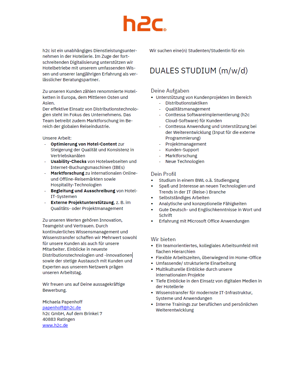 h2c GmbH: Duales Bachelor-Studium Betriebswirtschaft – Business Management, International Business oder Tourismus- und Hotelmanagement (B.A.)