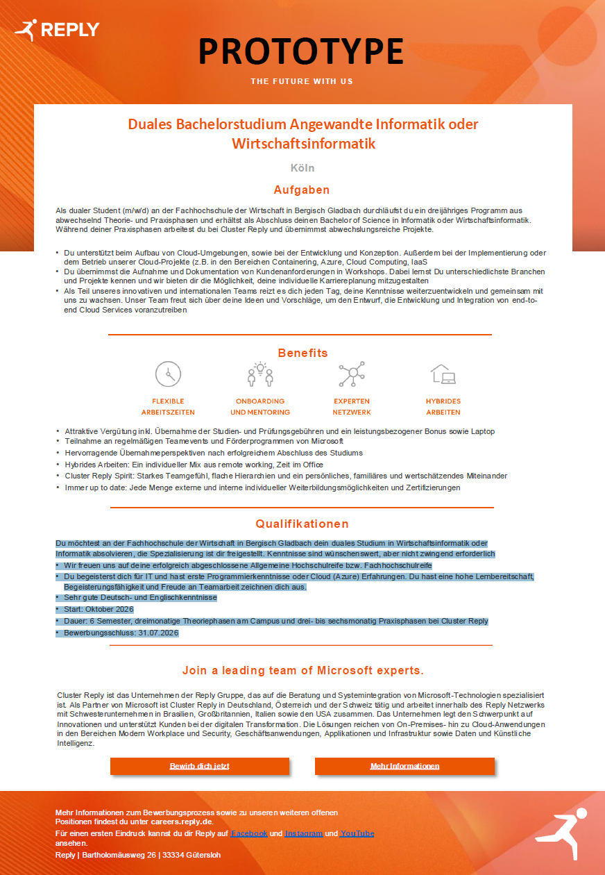 Cluster Reply GmbH: Duales Bachelor-Studium Wirtschaftsinformatik (B.Sc.)