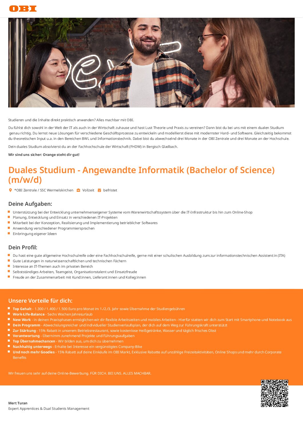 OBI Group Holding: Duales Bachelor-Studium Angewandte Informatik (B.Sc.) in Wermelskirchen