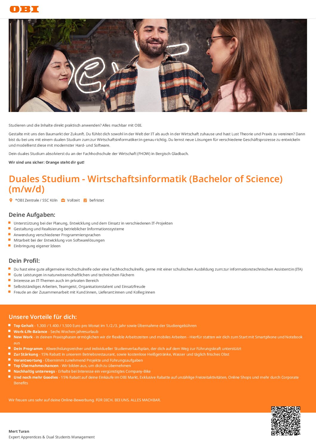 OBI Group Holding SE & Co. KGaA: Duales Bachelor-Studium Wirtschaftsinformatik (B.Sc.) in Köln
