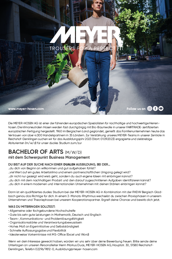 MEYER-HOSEN AG: Duales Bachelor-Studium Betriebswirtschaft – Business Management (B.A.)