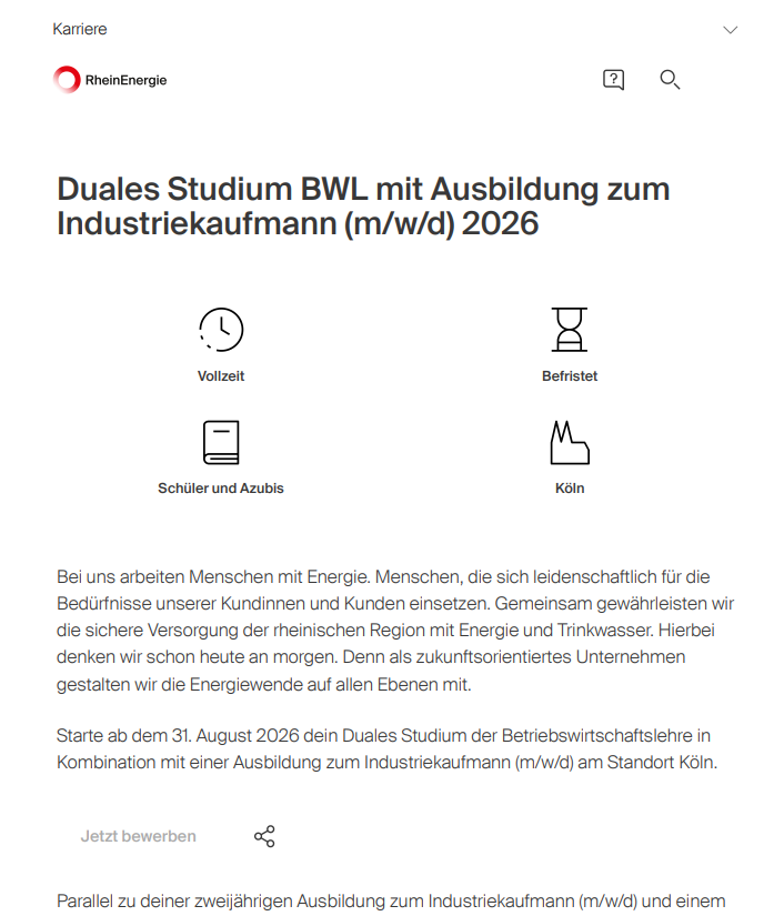 RheinEnergie AG: Duales Bachelor-Studium Betriebswirtschaft – Business Management (B.A.)