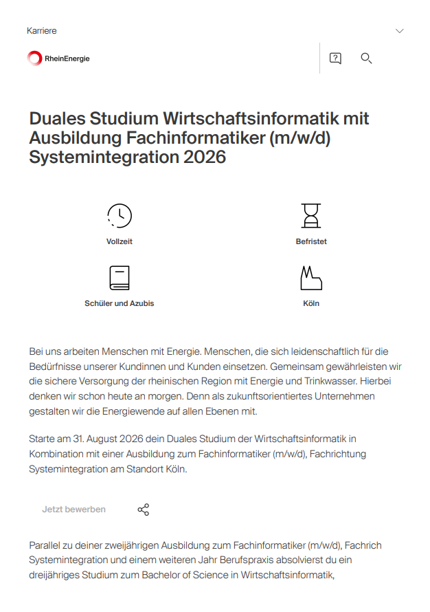 RheinEnergie AG: Duales Bachelor-Studium Wirtschaftsinformatik – Software Engineering (B.Sc.)