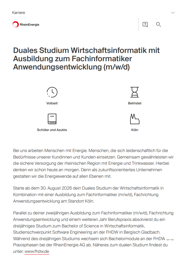 RheinEnergie AG: Duales Bachelor-Studium Wirtschaftsinformatik – Software Engineering (B.Sc.)