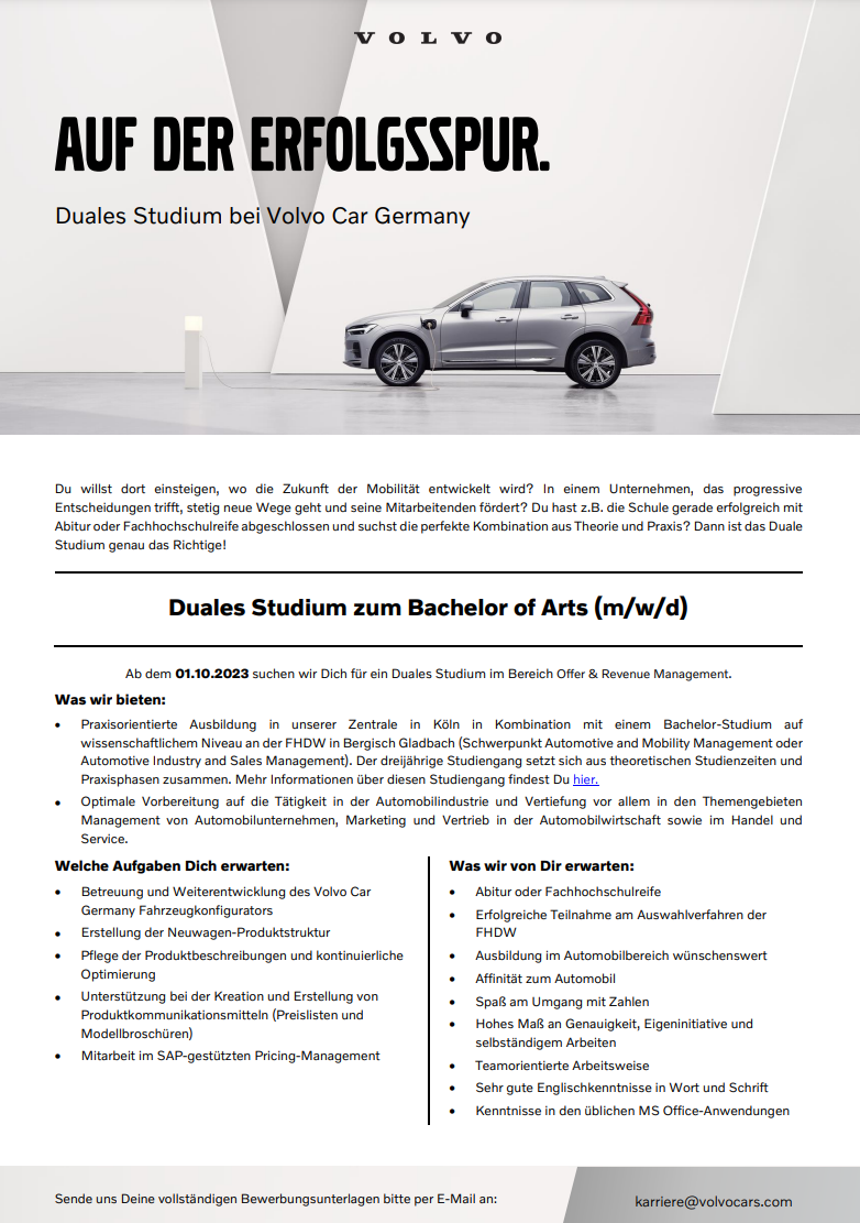 Volvo Car Germany GmbH: Duales Bachelor-Studium Betriebswirtschaft – Automotive and Mobility Management oder Automotive Industry and Sales Management (B.A.)
