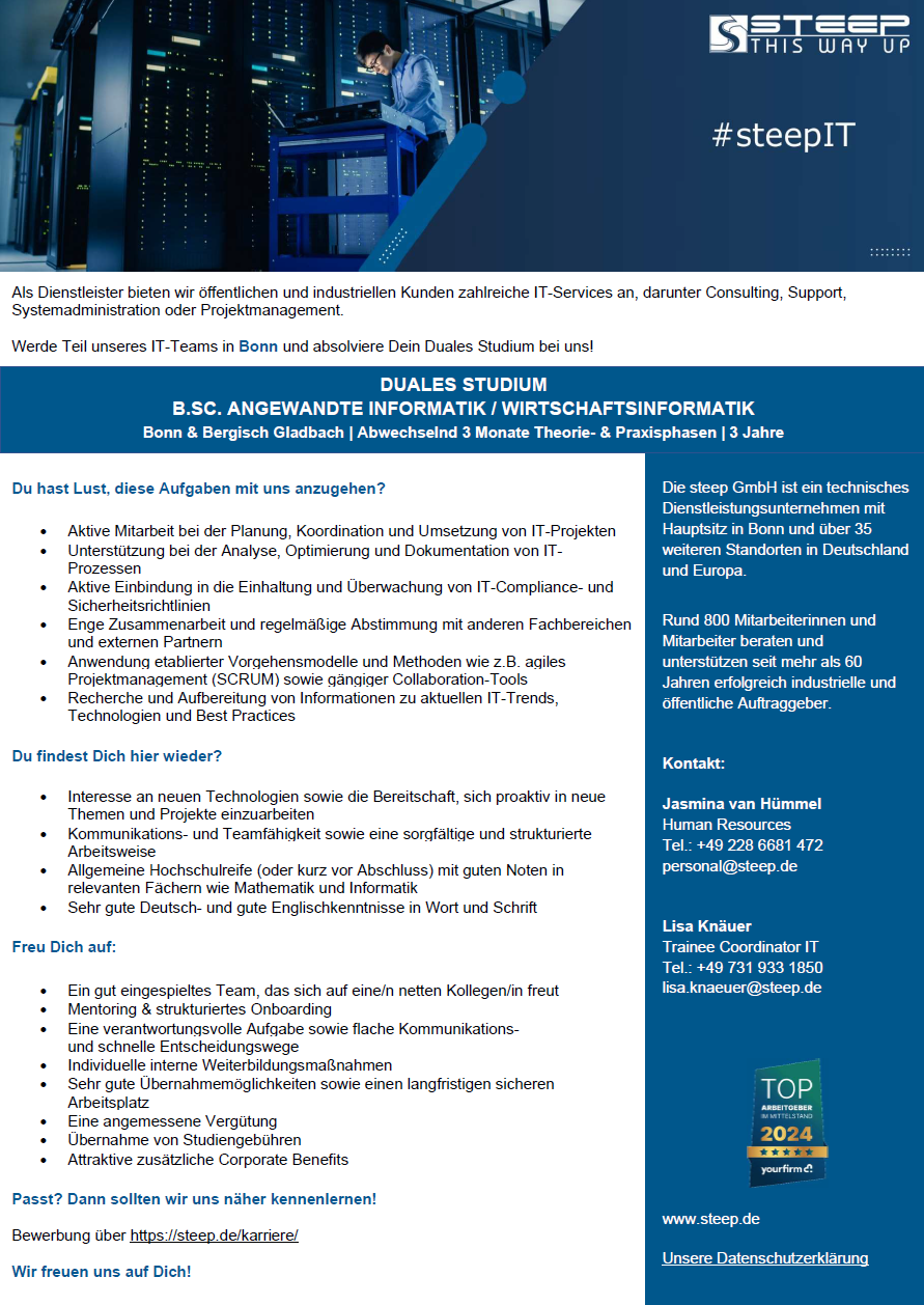 steep GmbH: Duales Bachelor-Studium Angewandte Informatik (B.Sc.) oder Wirtschaftsinformatik (B.Sc.)