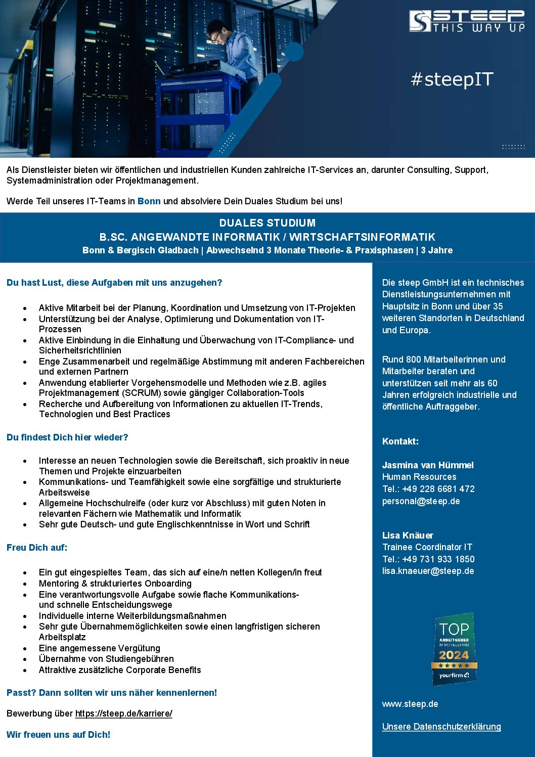 steep GmbH: Duales Bachelor-Studium Angewandte Informatik (B.Sc.) oder Wirtschaftsinformatik (B.Sc.)