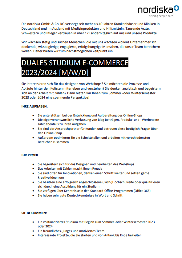 nordiska GmbH & Co. KG: Duales Bachelor-Studium Betriebswirtschaft – Online Marketing und E-Commerce (B.A.)