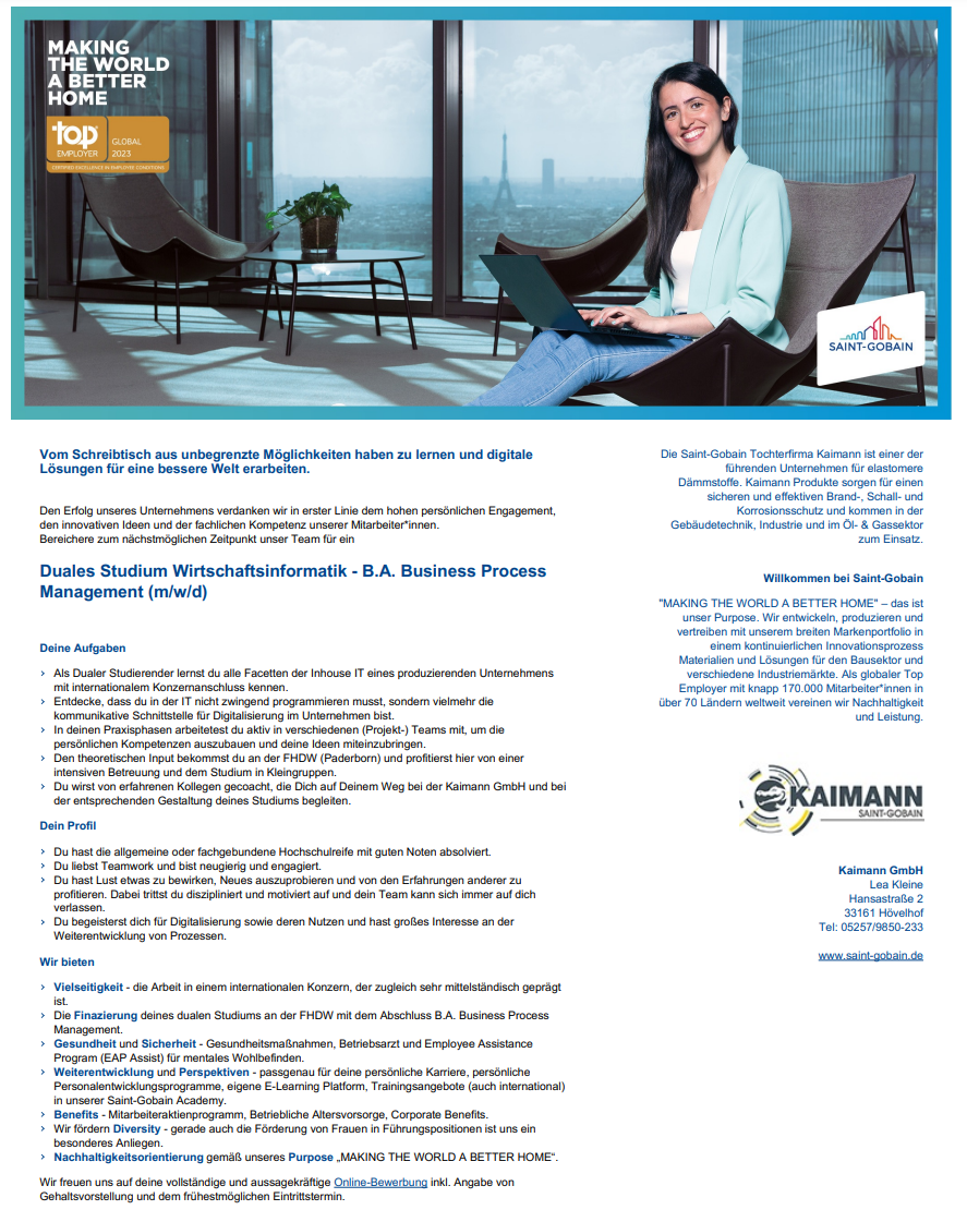 Kaimann GmbH: Duales Bachelor-Studium Wirtschaftsinformatik – Business Process Management (B.Sc.)