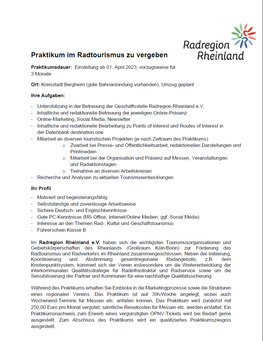Radregion Rheinland: Praktikum im Bereich BWL