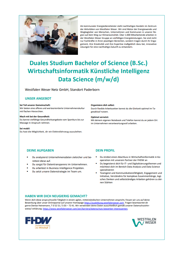Westfalen Weser Netz GmbH: Duales Studium Bachelor of Science (B. Sc.) Wirtschaftsinformatik Künstliche Intelligenz Data Science (m/ w/ d)