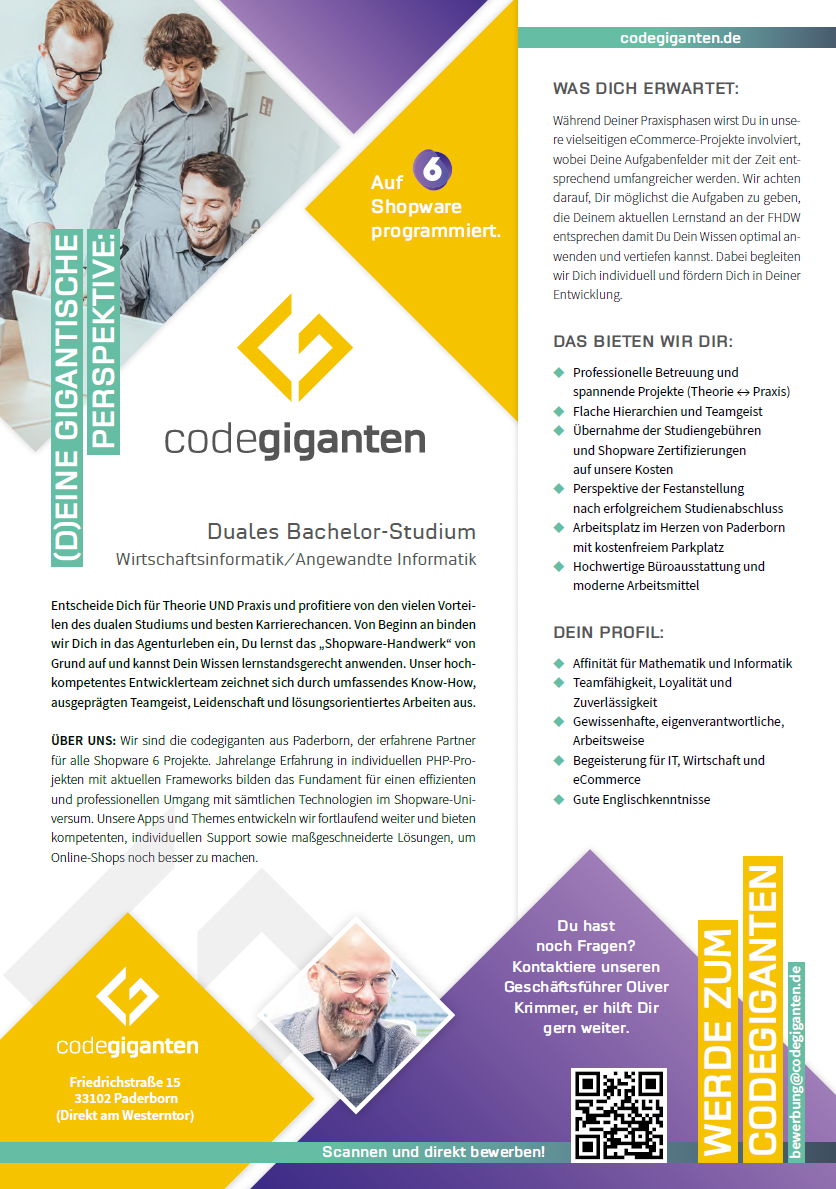 codegiganten GmbH: Duales Studium Angewandte Informatik (B.Sc.) oder Wirtschaftsinformatik (B.Sc.)