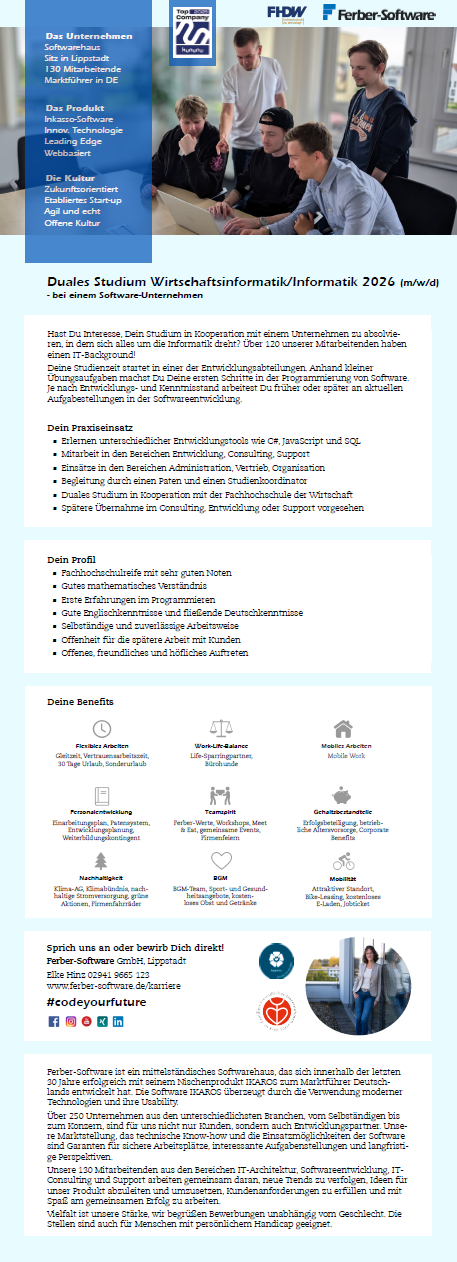 Ferber-Software GmbH: Duales Bachelor-Studium Angewandte Informatik (B.Sc.) oder Wirtschaftsinformatik (B.Sc.)
