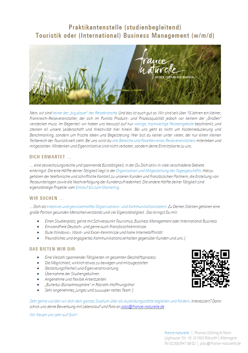 France Naturelle GmbH: Praktikum im Bereich BWL – Business Management oder Tourismus- und Hotelmanagement