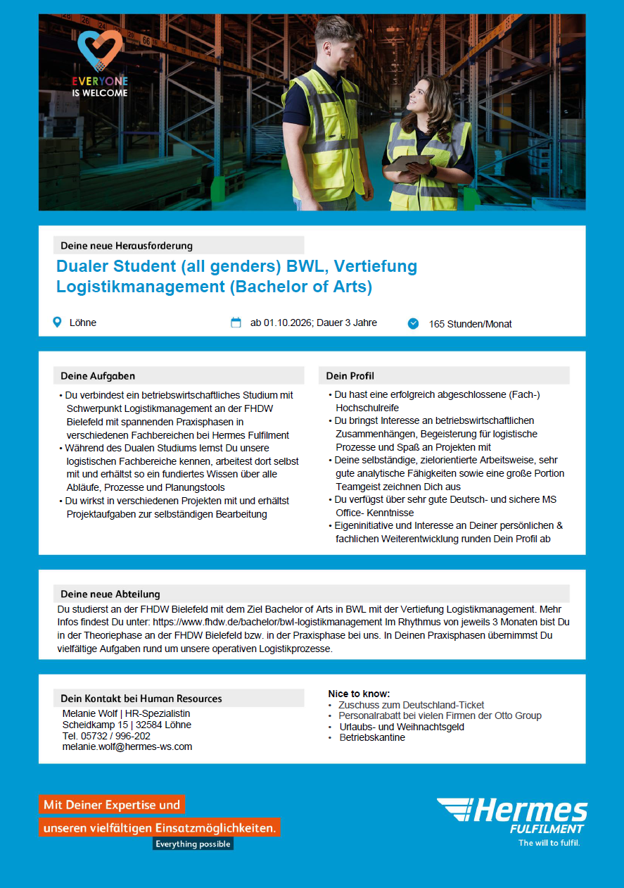 HERMES Einrichtungs Service GmbH & Co. KG: Duales Bachelor-Studium Betriebswirtschaft – Logistikmanagement (B.A.)