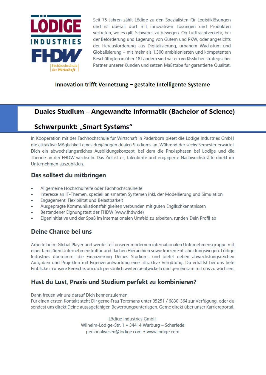 Lödige Industries GmbH: Duales Bachelor-Studium Angewandte Informatik – Smart Systems (B.Sc.)