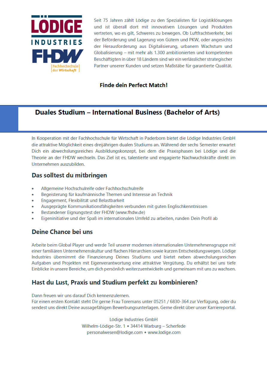 Lödige Industries GmbH: Duales Bachelor-Studium Betriebswirtschaft – International Business (B.A.)