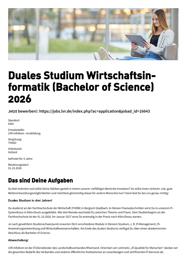 LVR-InfoKom Landschaftsverband Rheinland: Duales Bachelor-Studium Wirtschaftsinformatik (B.Sc.)