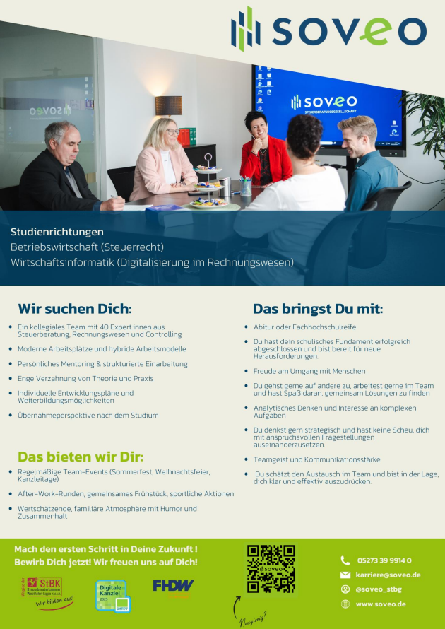 Soveo Steuerberatungsgesellschaft PartG mbB: Duales Bachelor-Studium Betriebswirtschaft – Steuerrecht (B.A.) oder Wirtschaftsinformatik – Digitalisierung im Rechnungswesen (B.Sc.)