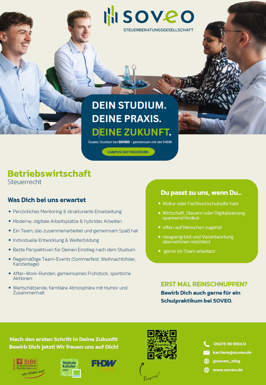 Soveo Steuerberatungsgesellschaft PartG mbB: Duales Bachelor-Studium Betriebswirtschaft – Steuerrecht (B.A.)