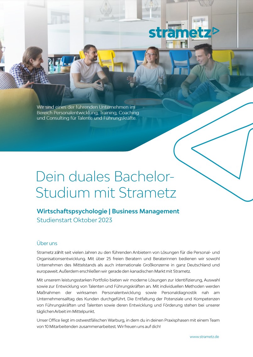 Strametz GmbH: Duales Bachelor-Studium Betriebswirtschaft – Business Management oder Wirtschaftspsychologie (B.A.)