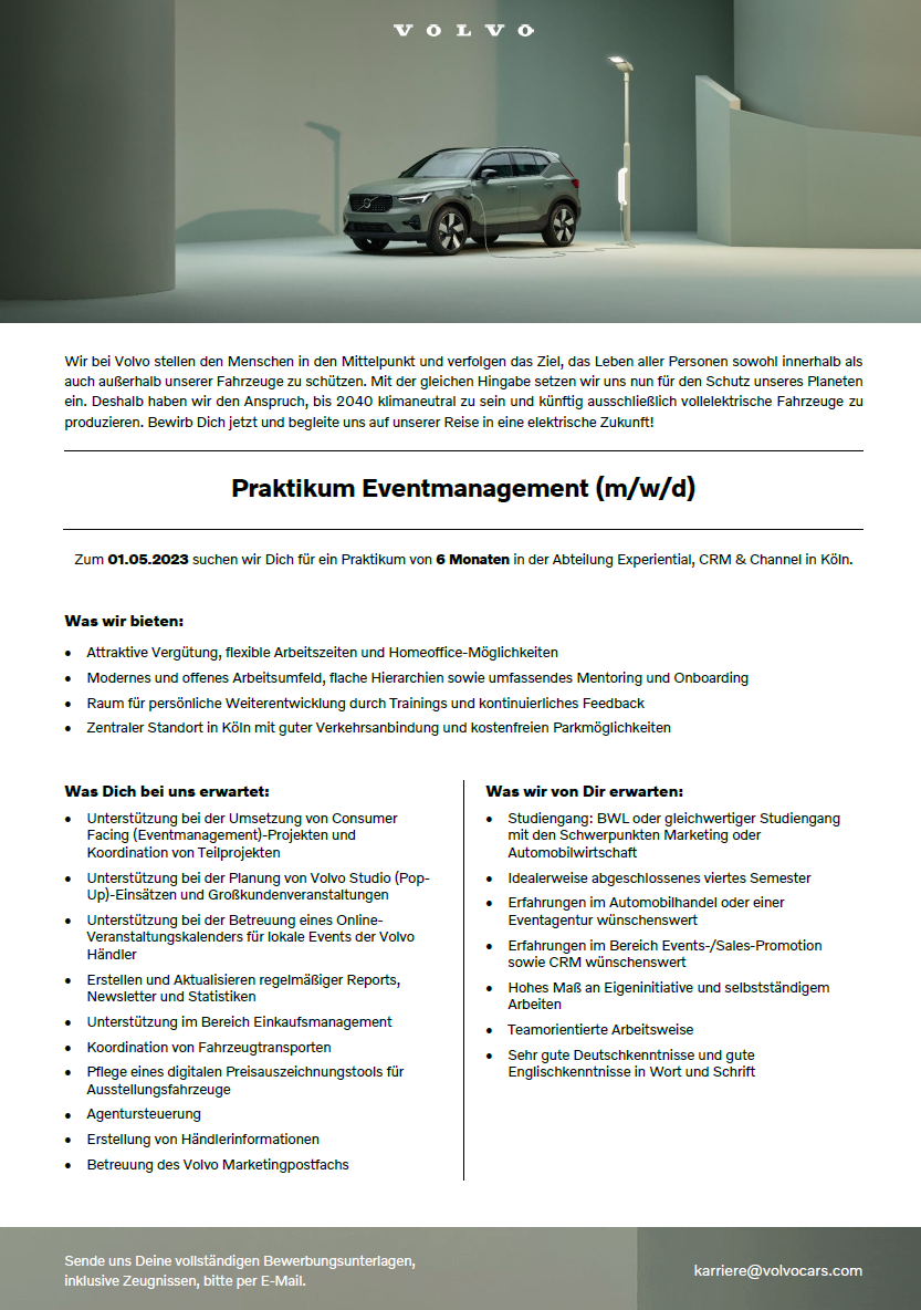 Volvo Car Germany GmbH: Praktikum im Bereich BWL – Eventmanagement