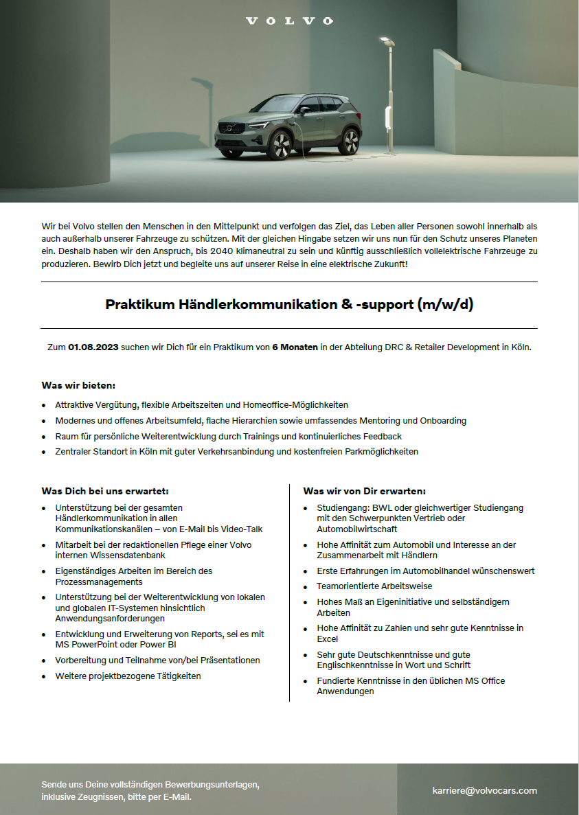 Volvo Car Germany GmbH: Praktikum im Bereich BWL – Händlerkommunikation & -support