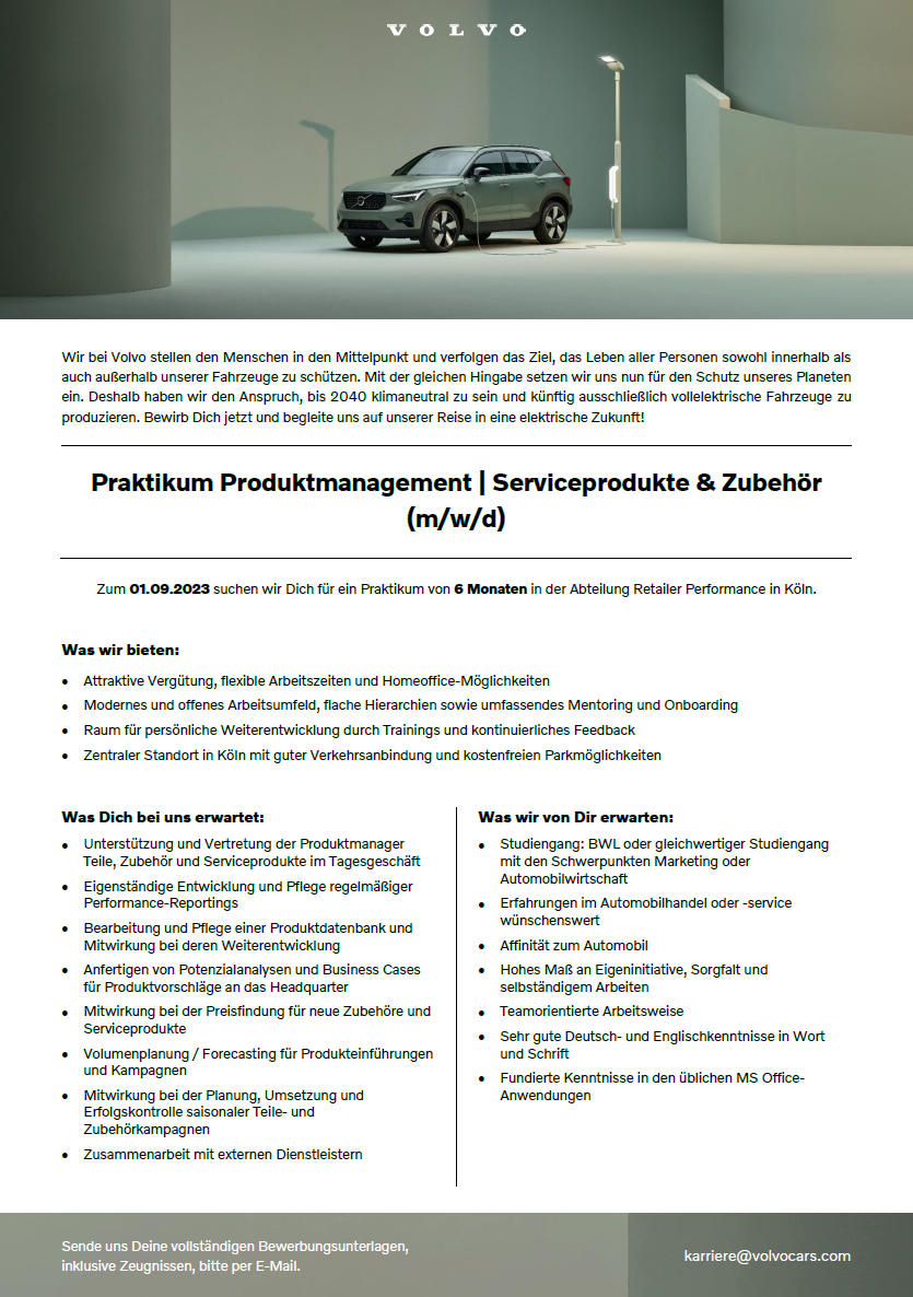 Volvo Car Germany GmbH: Praktikum im Bereich BWL – Produktmanagement Serviceprodukte & Zubehör