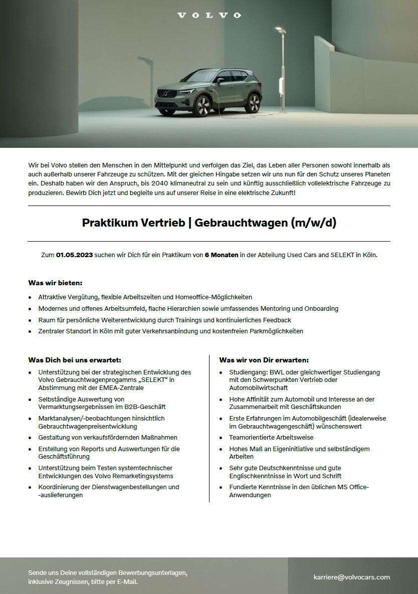 Volvo Car Germany GmbH: Praktikum im Bereich BWL – Vertrieb / Gebrauchtwagen