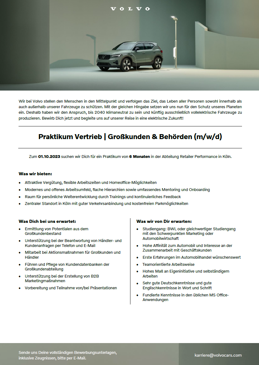 Volvo Car Germany GmbH: Praktikum im Bereich BWL – Vertrieb / Großkunden & Behörden