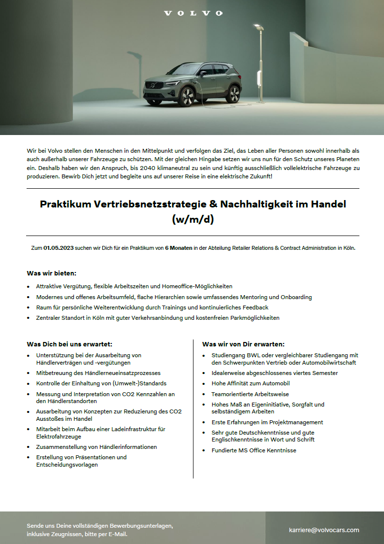 Volvo Car Germany GmbH: Praktikum im Bereich BWL – Vertriebsnetzstrategie & Nachhaltigkeit im Handel
